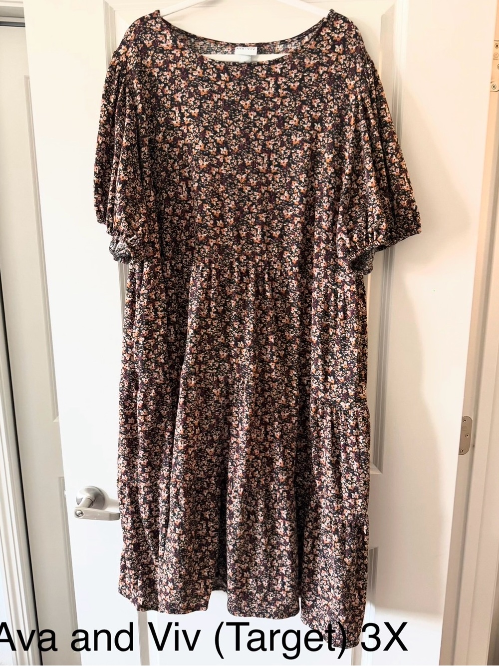Floral Tiered Midi Dress in Black with Pink & Cream Flowers